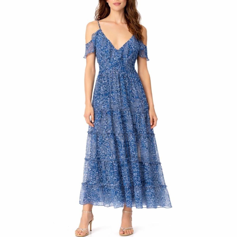 MISA‎ Los Angeles Elodie Dress Women’s Size XS Blue Floral Ruffle Tiered Maxi